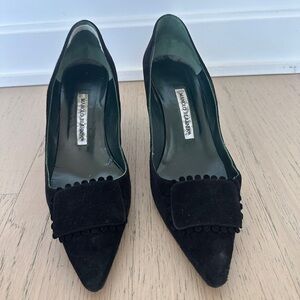Manolo Blahnik Black Suede Pointed Toe Pumps with Flat Flap w Pom-Pom Trim.